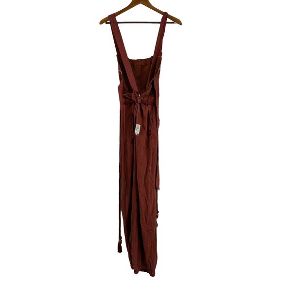 Free People NWT Sienna Smocked Jumpsuit Sumac Size XL Elastic Waist Rope Belt - Picture 3 of 10